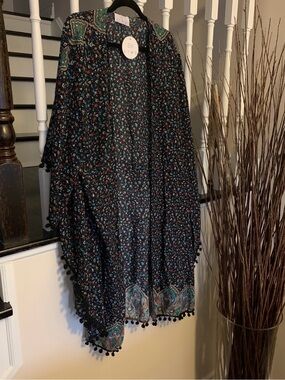 Black Floral Pom-Pom Trim Kimono Cover-Up by E·TWO